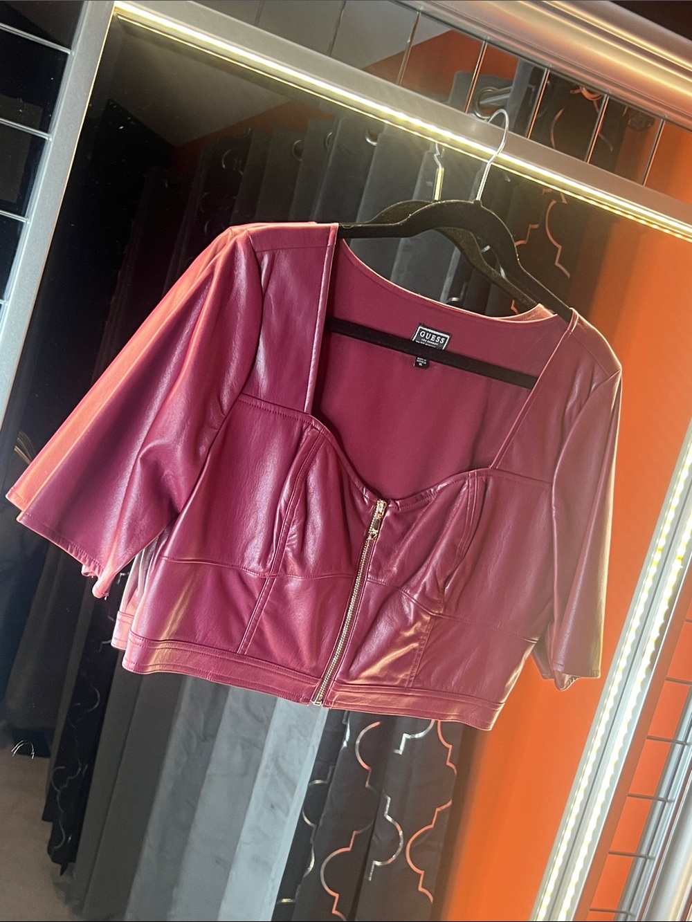 GUESS 🍷 Archival Wine Faux Leather Bustier Zip Crop Top 🍷